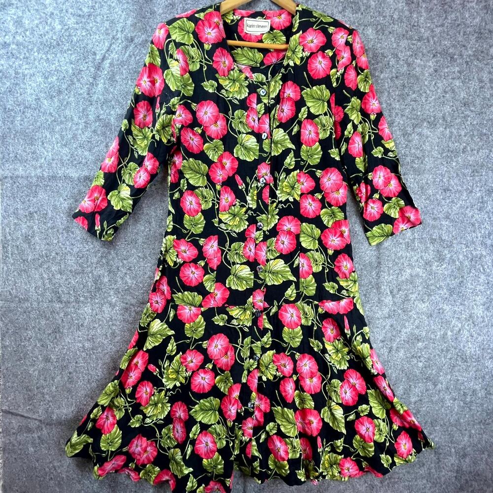 Karin Stevens Dress Large Bright Bold Button Front Secretary 80s Career‎ Garden